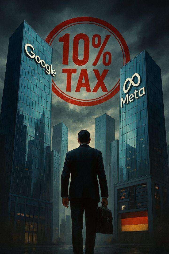 Illustration von Google- und Meta-Gebäuden mit rotem Stempel '10% TAX' – Symbol für geplante Digitalabgabe in Deutschland