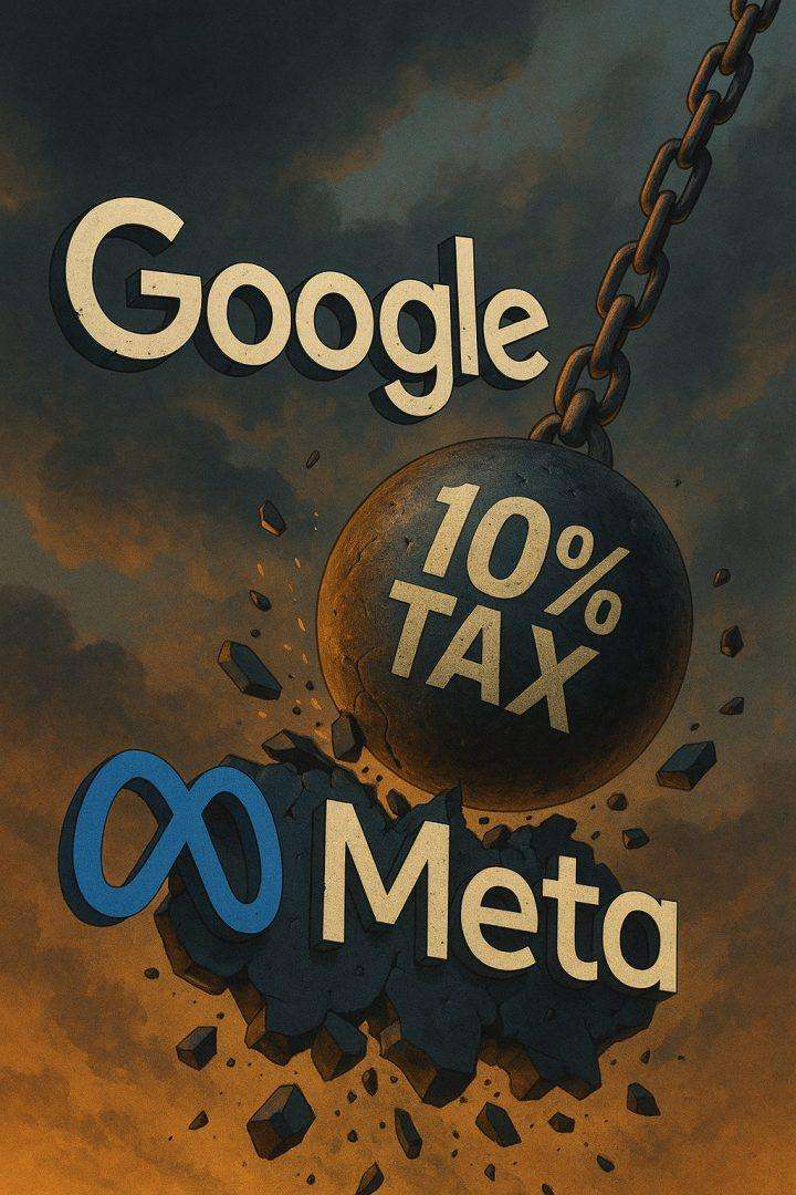 Wreckingball mit Aufschrift '10% TAX' zerschlägt die Logos von Google und Meta – Visualisierung der Digitalsteuer und notwendiger Software-Alternativen