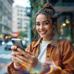 Junge Frau mit Smartphone lächelt in die Kamera, während sie auf einer belebten Straße steht